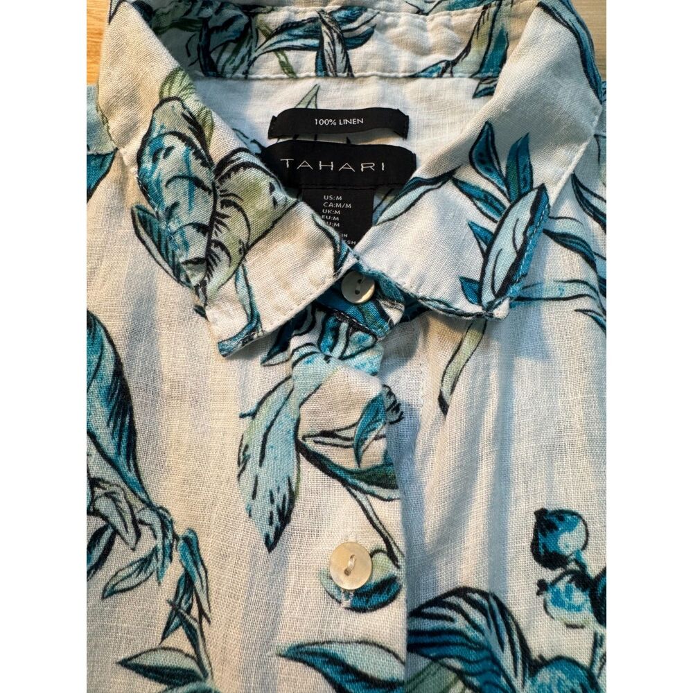 Tahari 100% Linen Tropical Button Front Shirt Women’s Short Sleeve Lightweight